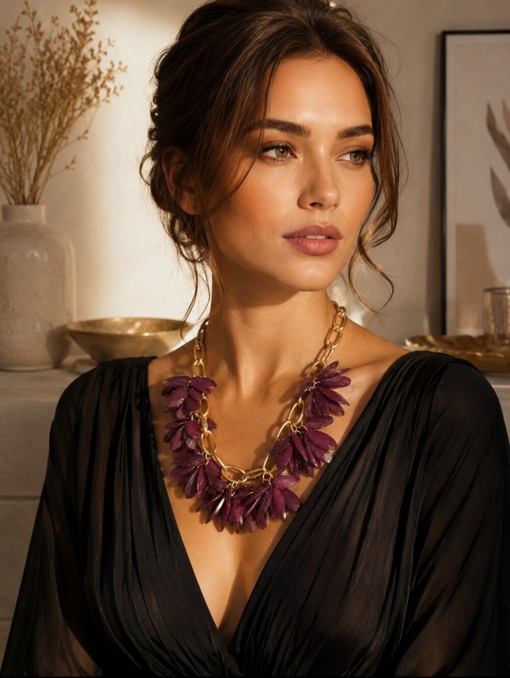 Chico’s Purple Plum Floral Statement Necklace – Chunky Gold-Tone Link Chain